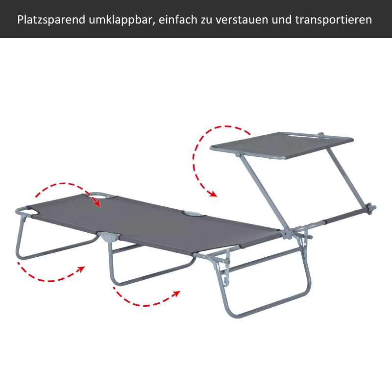 Outsunny Klapbare ligstoel met zonnescherm, verstelbare rugleuning, metalen frame, 187 x 58 x 36 cm, grijs