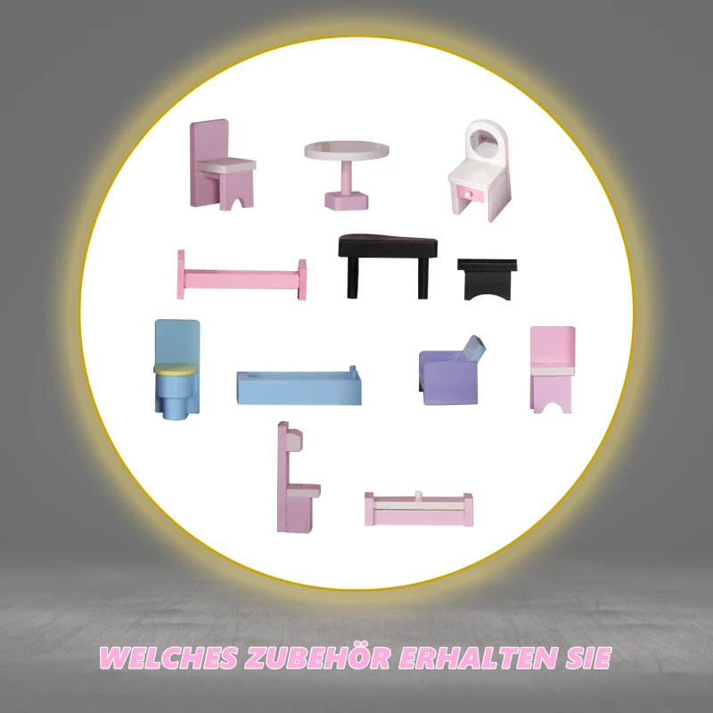 Drewniany domek dla lalek i kuchnia dla dzieci 2 w 1 3 kondygnacje z akcesoriami wiek powyżej 3 lat