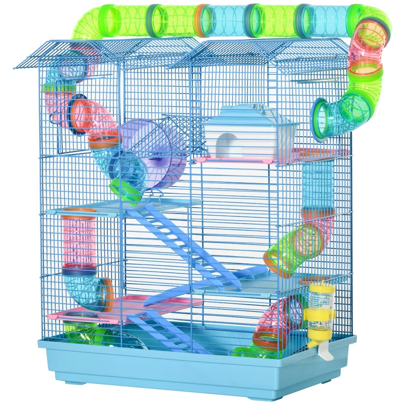PawHut hamsterkooi multilevel beestenkooi knaagdierkooi muizenkooi, hamsterkooi starterkit, blauw, metaal + PP + PS 47 x 30 x 59 cm muizenkooi hamsterkooi starterkit | Aosom.nl