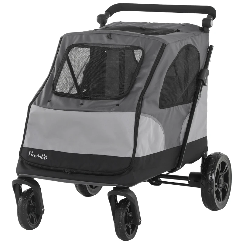 PawHut pet buggy hondenbuggy met 4 wielen hondentrolley voor middelgrote en grote honden inklapbaar Oxford grijs + zwart 104,5 x 68,5 x 110 cm