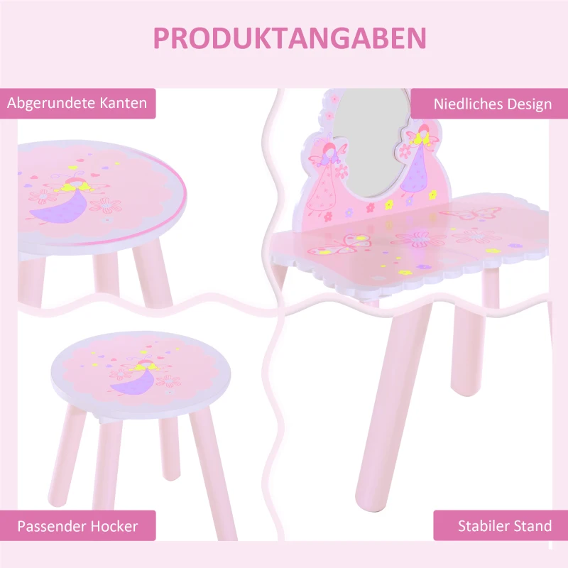 HOMCOM Kaptafel make-uptafel voor kinderen kapcommode make-upcommode met kruk