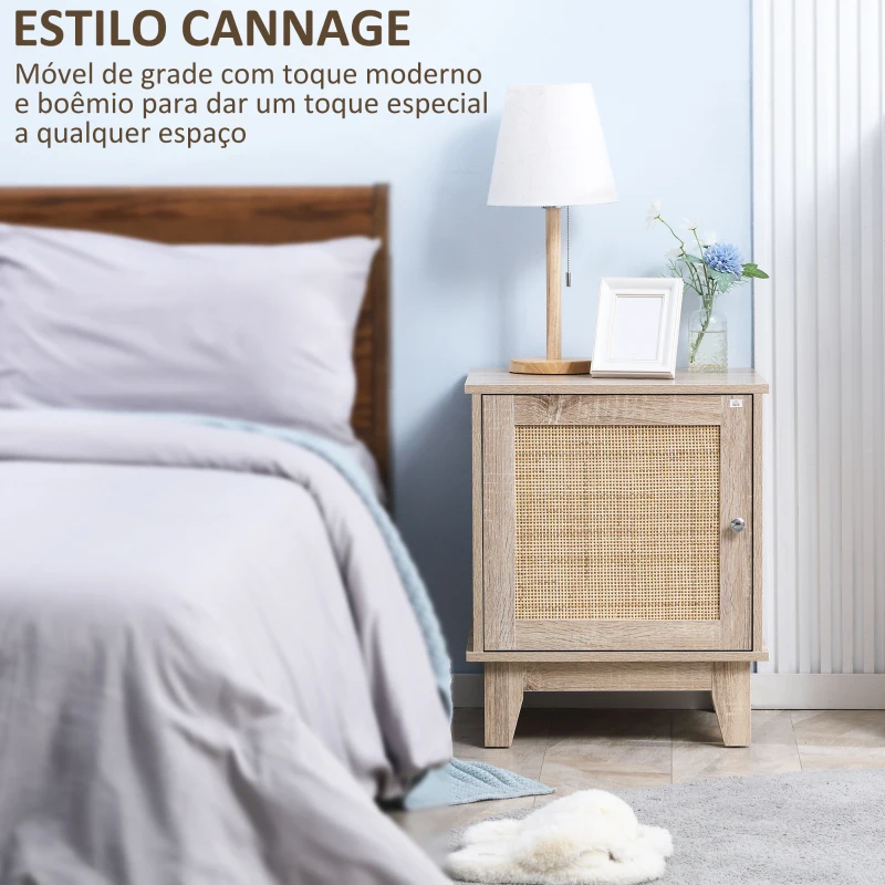 HOMCOM Mesa de Cabeceira com 1 Porta de Vime e Prateleira Interior Ajustável para Dormitório Sala de Estar 48x40x58cm Carvalho