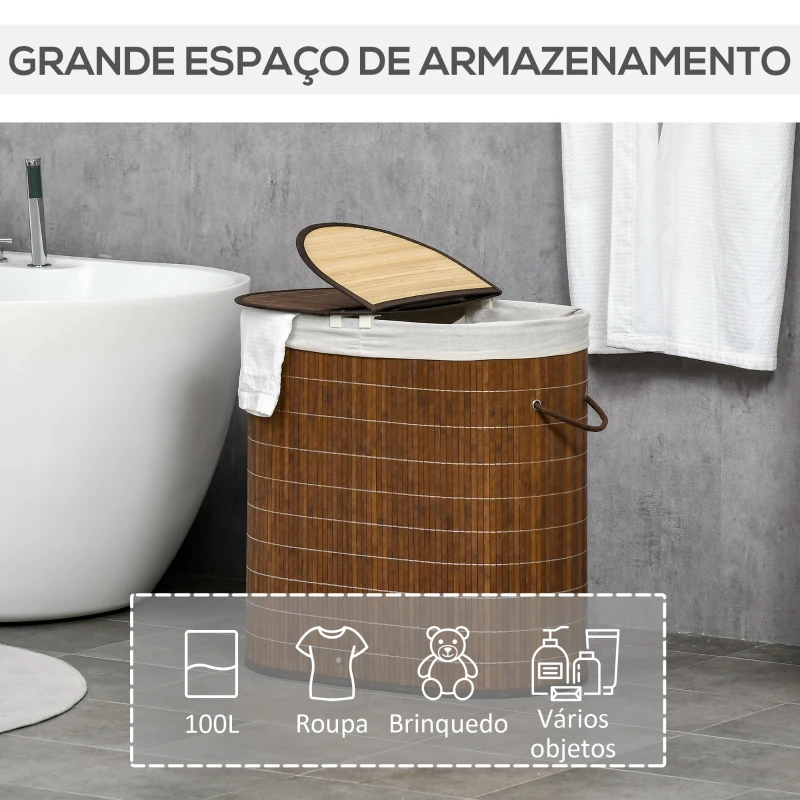 HOMCOM Cesto de Roupa de Bambu Capacidade de 100L Cesto para Roupa Suja com Bolsa de 2 Compartimentos 62,5x37x60,5cm Marrom
