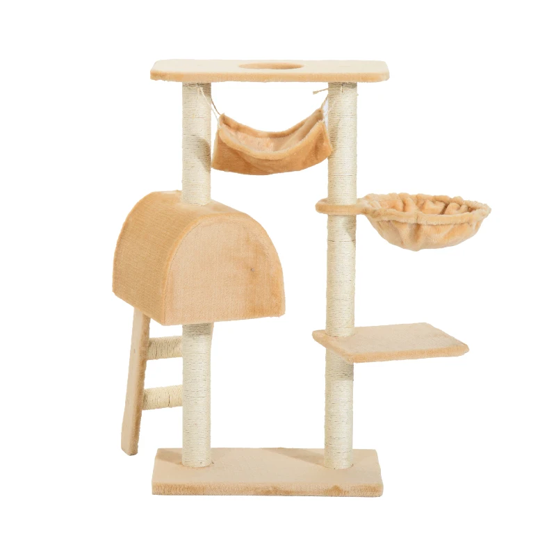 PawHut Árbol para Gatos Rascador 55x30x100 cm con Poste para Arañar Nido Cesta Hamaca Plataforma Caseta y Escalera de Terciopelo y Sisal Natural Beige
