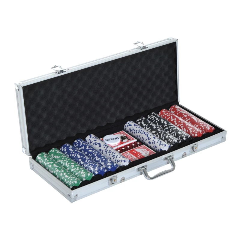 HOMCOM 500PCs Poker Chip Set Casino Games 2 Card Decks, Dealer Button, Dice w/Lockable Aluminum Case