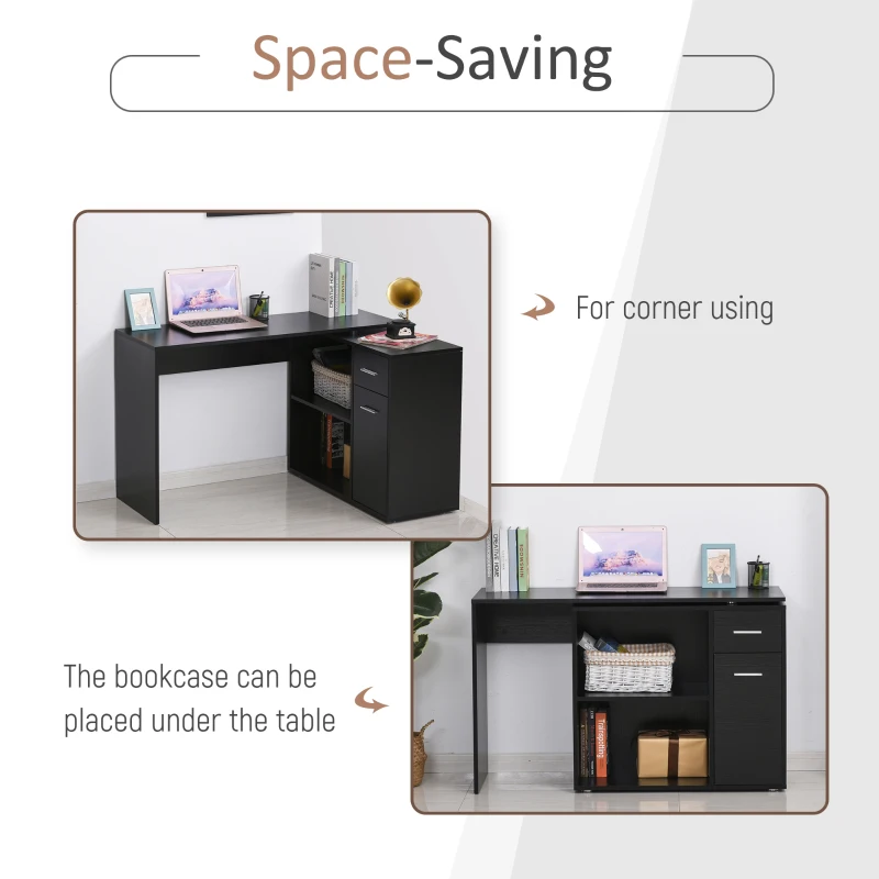 HOMCOM 180 Degree Rotating Corner Desk L- Shaped Table Home Office Workstation Black