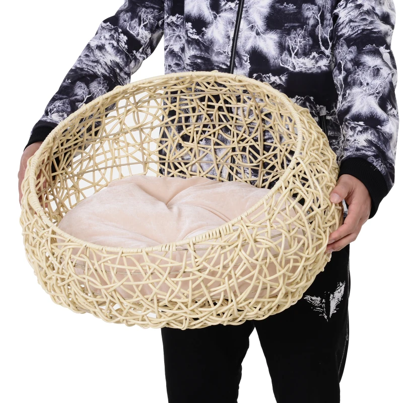 PawHut Hooded Rattan Wicker Cat House W/ Mat Kitten Pussy Basket Bed