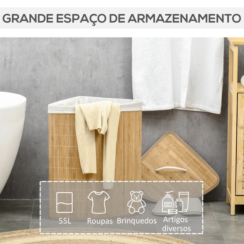 HOMCOM Cesto de Roupa de Bambu Capacidade de 55L Cesto para Roupa Suja com Tampa e Bolsa Amovível 38x38x57cm Madeira