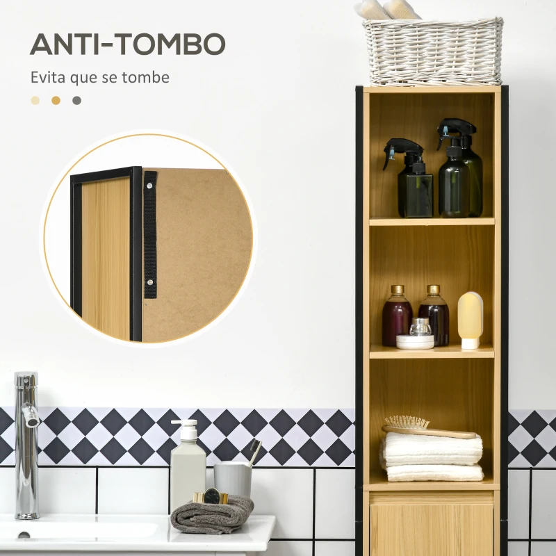 kleankin Coluna Casa de Banho com 1 Porta e 3 Prateleiras Abertas Coluna Auxiliar Casa de Banho  30x28x168cm Carvalho