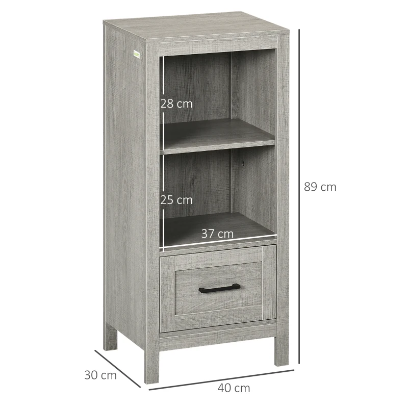 kleankin Armário Auxiliar Casa de Banho com 1 Gaveta e 2 Estantes Abertas Móvel Auxiliar de Casa de Banho 40x30x89cm Cinza