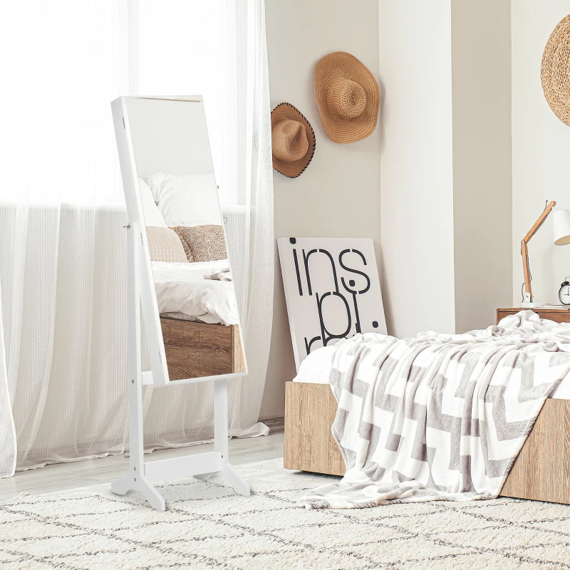 HOMCOM Espelho Joalheiro de Pé com Ângulos Ajustáveis Fechadura Magnética Organizador de Joias com Prateleiras 46x36,5x151,5cm Branco