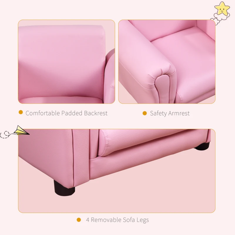HOMCOM Toddlercouch, Kids Sofa, W/Footstool, PVC, Wood Frame, Pink