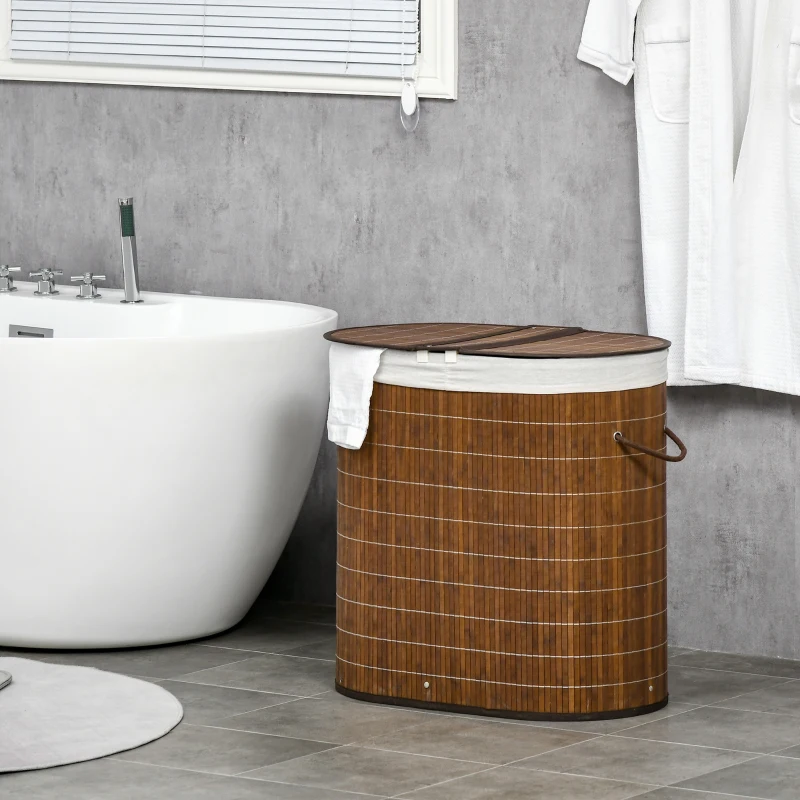 HOMCOM Cesto de Roupa de Bambu Capacidade de 100L Cesto para Roupa Suja com Bolsa de 2 Compartimentos 62,5x37x60,5cm Marrom