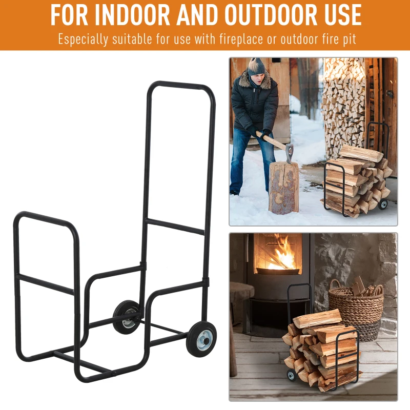 Outsunny Suport pentru lemne de foc Suport lemne cu 2 roti carucior din metal negru