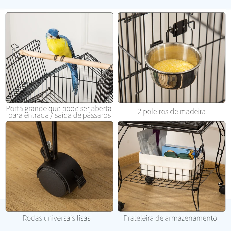 PawHut Gaiola para Pássaros com Suporte Rodas Bandeja Amovível 2 Comedouros e Prateleira Inferior de Metal 50x58x145 cm Preto