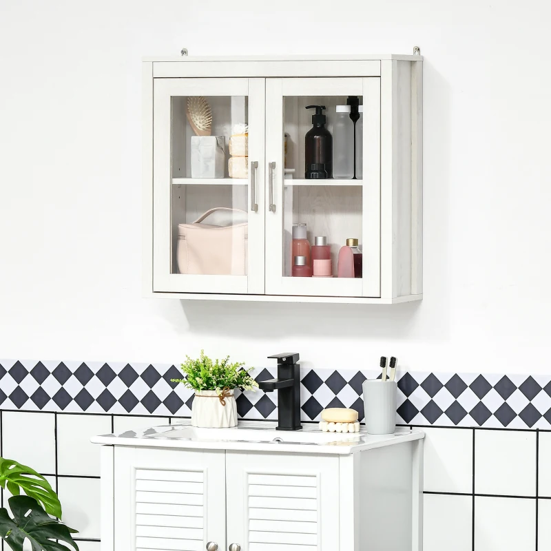 kleankin Armário Casa de Banho de Parede com 2 Portas de Vidro e Prateleira Móvel Suspenso de Casa de Banho 60x19,5x54cm Branco