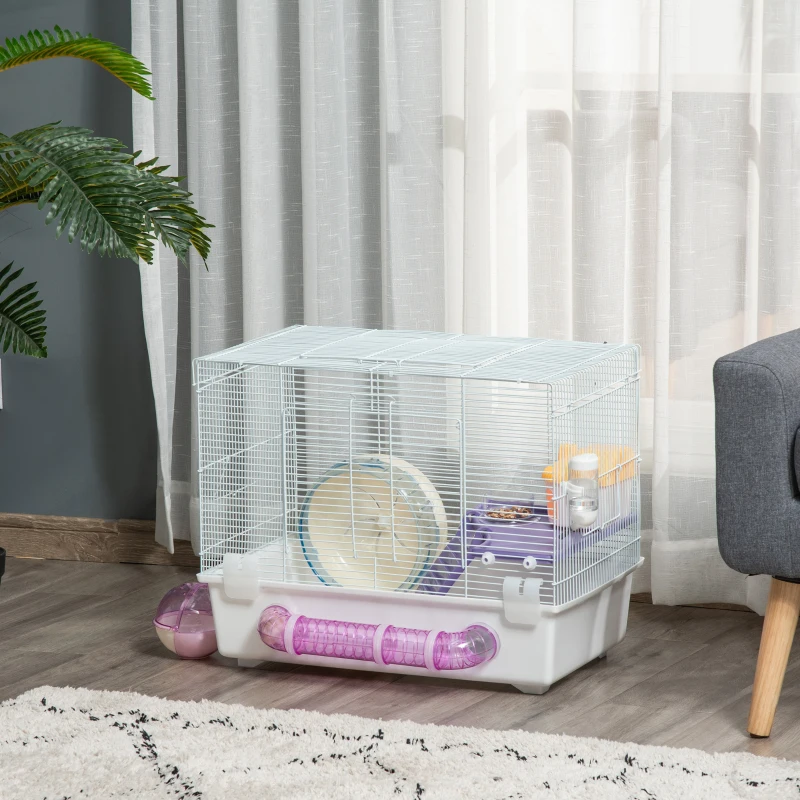PawHut 2 Tier Hamster Cage Gerbil Rodent House Small Animal Habitat with Exercise Wheels Tunnel Tube Water Bottle Dishes Ladder, White