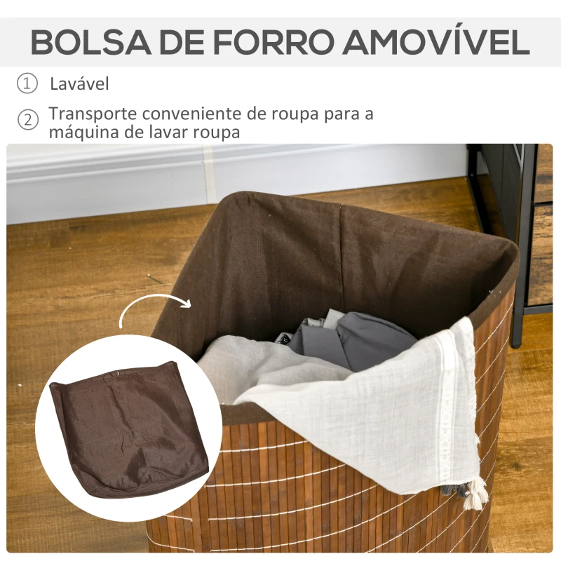 HOMCOM Cesto de Roupa de Bambu Capacidade de 55L Cesto para Roupa Suja com Tampa e Bolsa Amovível 38x38x57cm Marrom