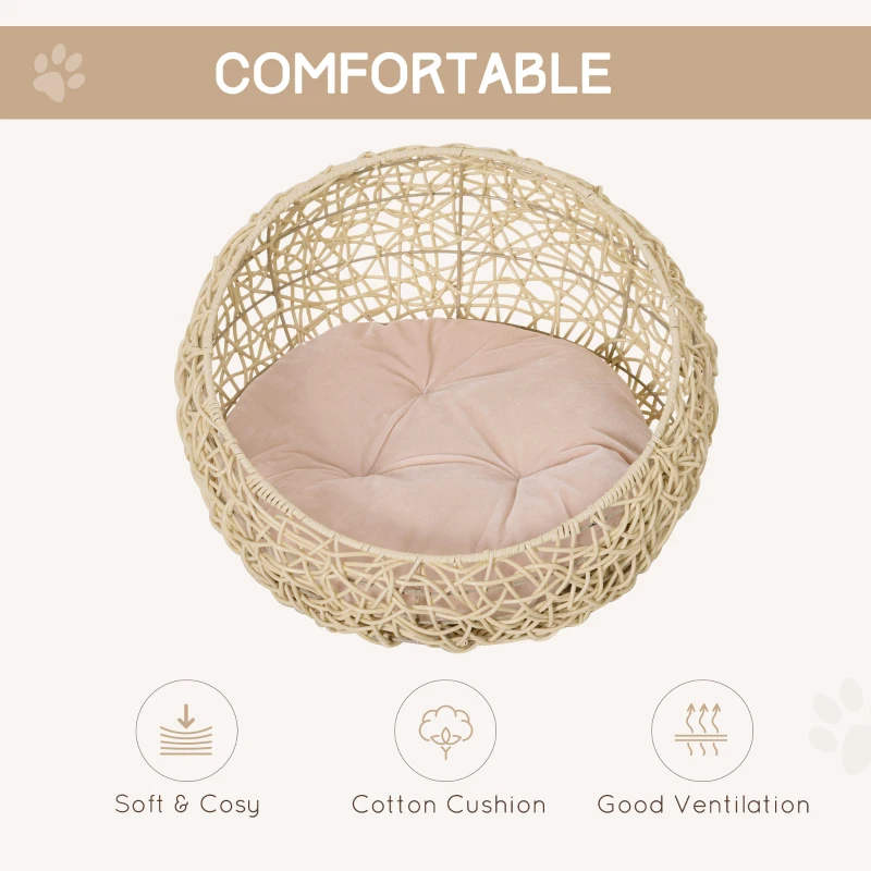 PawHut Hooded Rattan Wicker Cat House W/ Mat Kitten Pussy Basket Bed