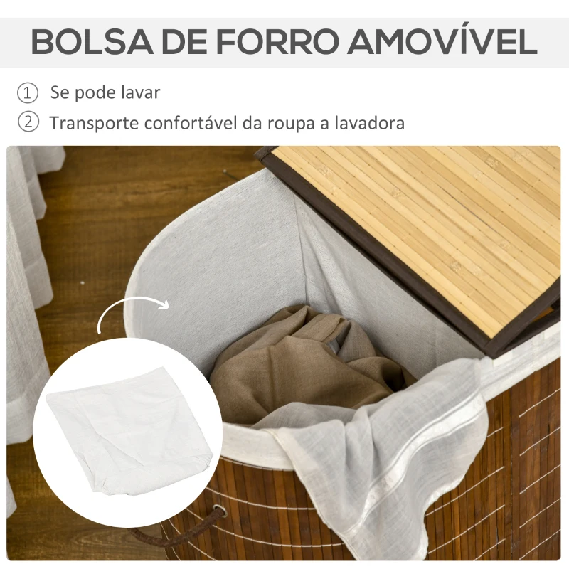 HOMCOM Cesto de Roupa de Bambu Capacidade de 100L Cesto para Roupa Suja com Bolsa de 2 Compartimentos 62,5x37x60,5cm Marrom