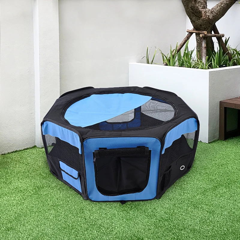 PawHut Portable Cat Dog Playpen Pet Puppy Rabbit Guinea Pig Pen Run Dia 90 x 41H cm Indoor & Outdoor Blue