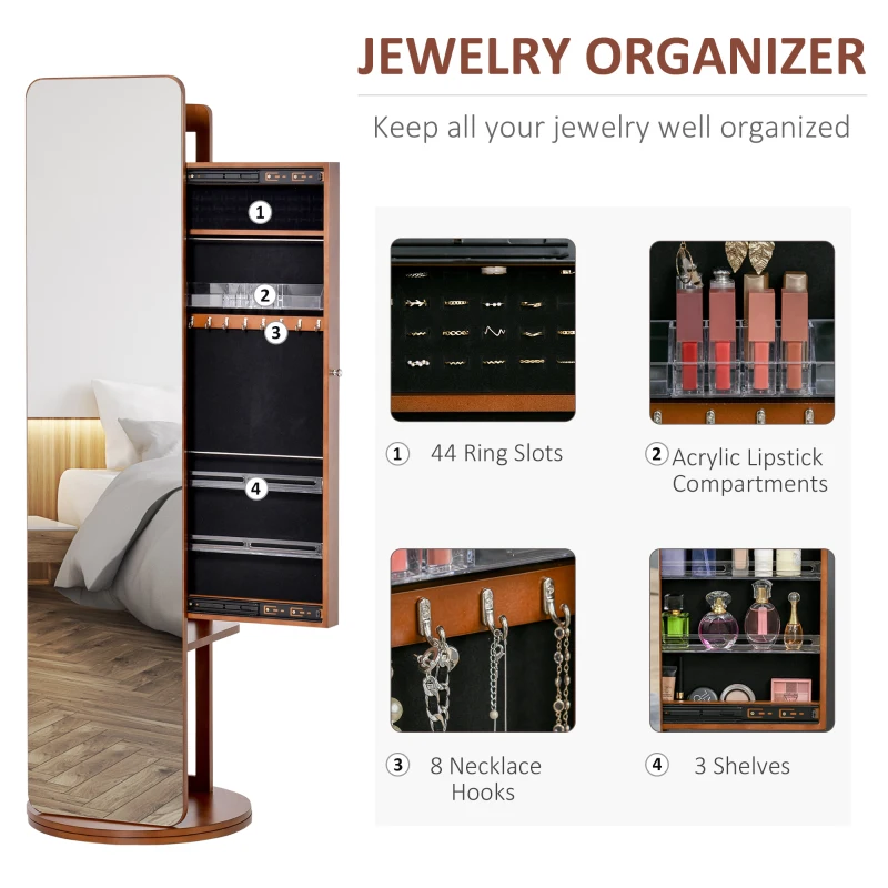 HOMCOM Full Length Mirror with Jewelry Cabinet, Hanging Cloth Bar, Coat Rack, 360° Rotate Floor Mirror for Bedroom, Living Room, Light Walnut