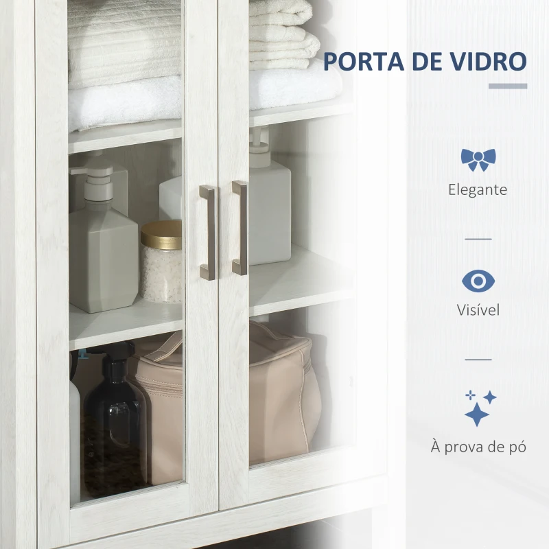 kleankin Armário Alto de Casa de Banho com 2 Portas de Vidro e 3 Prateleiras Armário Auxiliar Estilo Moderno 53x30x162cm Branco