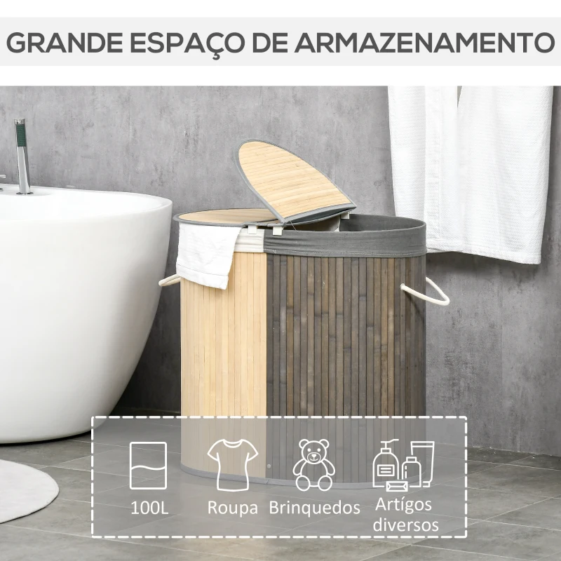 HOMCOM Cesto de Roupa de Bambu Capacidade de 100L com Tampa Rebatível e 2 Compartimentos 62,5x37x60,5cm Cinza e Madeira