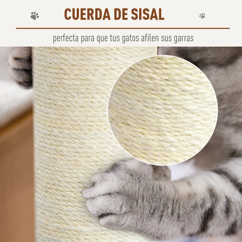 PawHut Árbol para Gatos Rascador 55x30x100 cm con Poste para Arañar Nido Cesta Hamaca Plataforma Caseta y Escalera de Terciopelo y Sisal Natural Beige