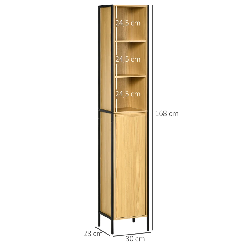 kleankin Coluna Casa de Banho com 1 Porta e 3 Prateleiras Abertas Coluna Auxiliar Casa de Banho  30x28x168cm Carvalho