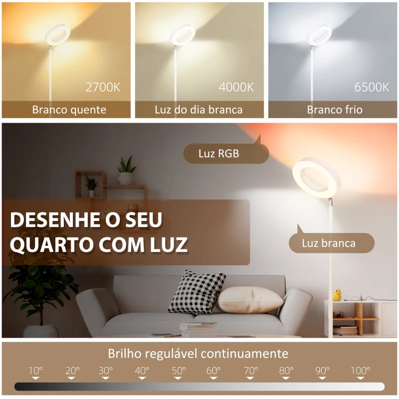 HOMCOM Candeeiro de Pé Inteligente com Wi-Fi Funciona com Alexa Assistente Google Ecrã Giratório 350° Ø25x168cm Branco