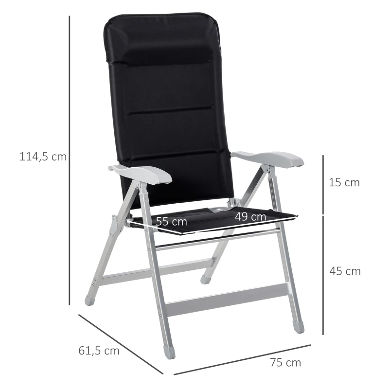 Outsunny Silla de Jardín Plegable Portátil de Aluminio con Respaldo Alto Ajustable en 7 Posiciones y Reposacabezas Acolchado para Exterior Terraza Camping 75x61,5x114,5 cm Negro