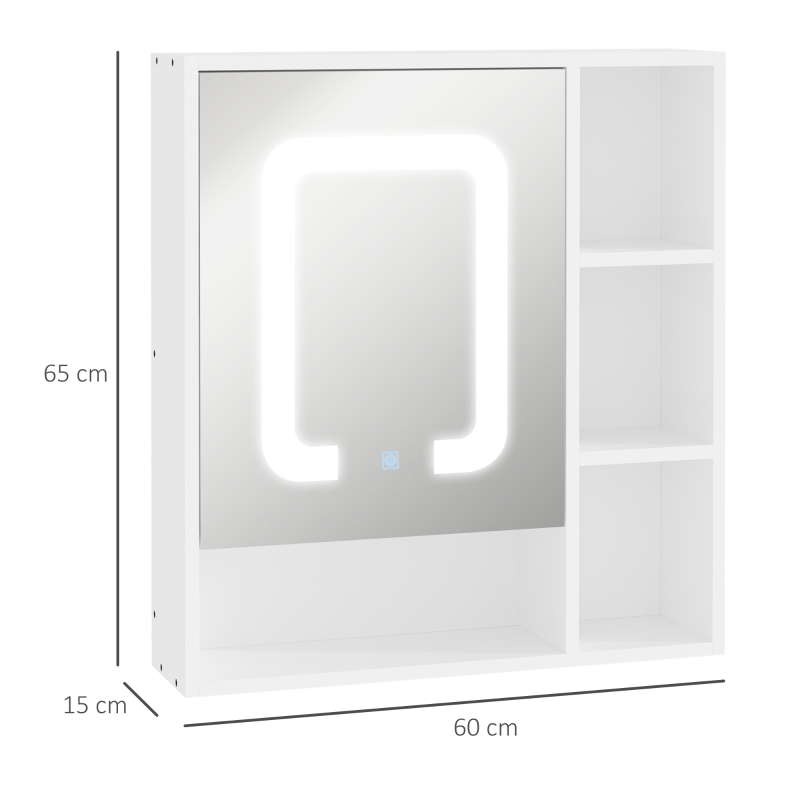 kleankin Armário com Espelho de Casa de Banho com Luz LED Porta 4 Prateleiras Abertas e Interruptor Tátil 60x15x65cm Branco