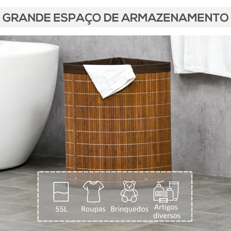 HOMCOM Cesto de Roupa de Bambu Capacidade de 55L Cesto para Roupa Suja com Tampa e Bolsa Amovível 38x38x57cm Marrom