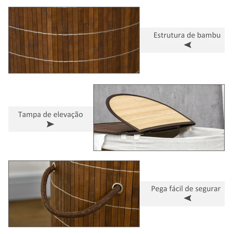 HOMCOM Cesto de Roupa de Bambu Capacidade de 100L Cesto para Roupa Suja com Bolsa de 2 Compartimentos 62,5x37x60,5cm Marrom