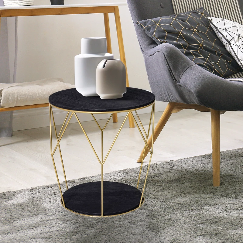 HOMCOM Round Coffee Table with Storage, Modern Sofa Side Table with Metal Frame, End Table for Bedroom, Living Room, Black and Gold, 45 x 45 x 48 cm