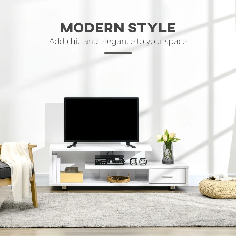 HOMCOM Dulap TV modern pentru TV pana la 65", Dulap TV deschis din PAL cu sertar, 135x35x41,7 cm, Alb
