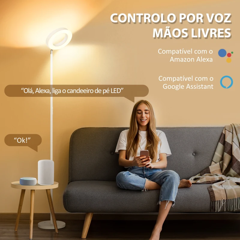 HOMCOM Candeeiro de Pé Inteligente com Wi-Fi Funciona com Alexa Assistente Google Ecrã Giratório 350° Ø25x168cm Branco