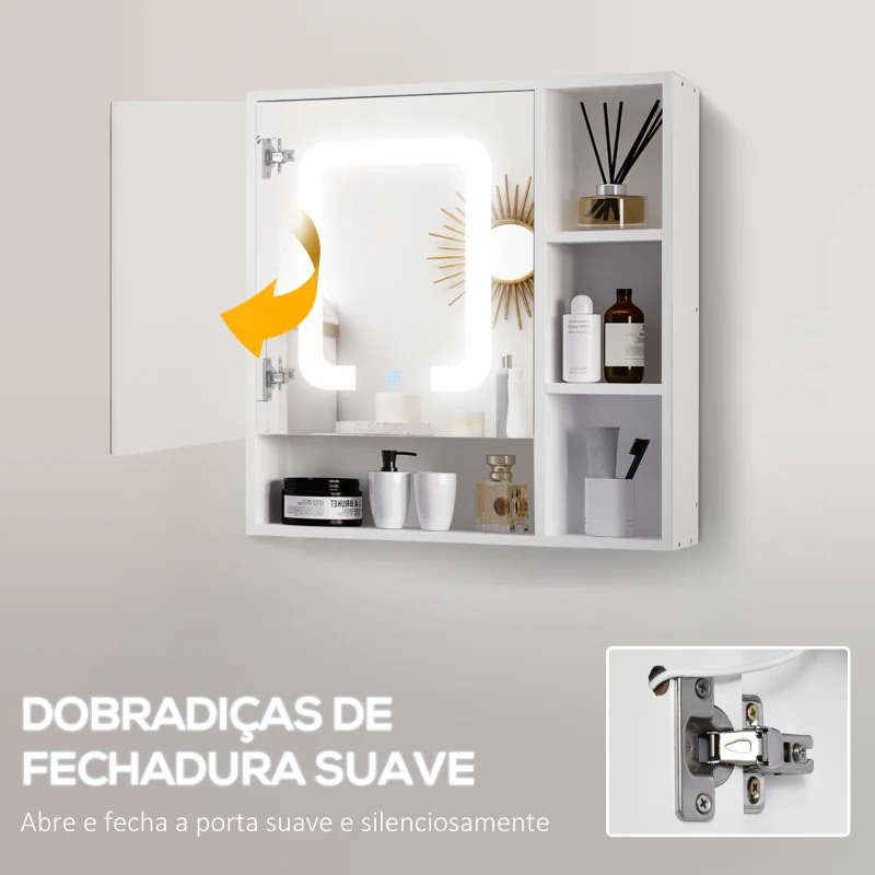 kleankin Armário com Espelho de Casa de Banho com Luz LED Porta 4 Prateleiras Abertas e Interruptor Tátil 60x15x65cm Branco