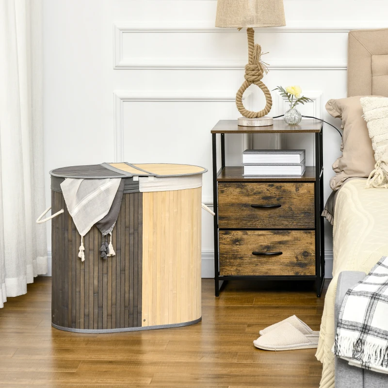 HOMCOM Cesto de Roupa de Bambu Capacidade de 100L com Tampa Rebatível e 2 Compartimentos 62,5x37x60,5cm Cinza e Madeira