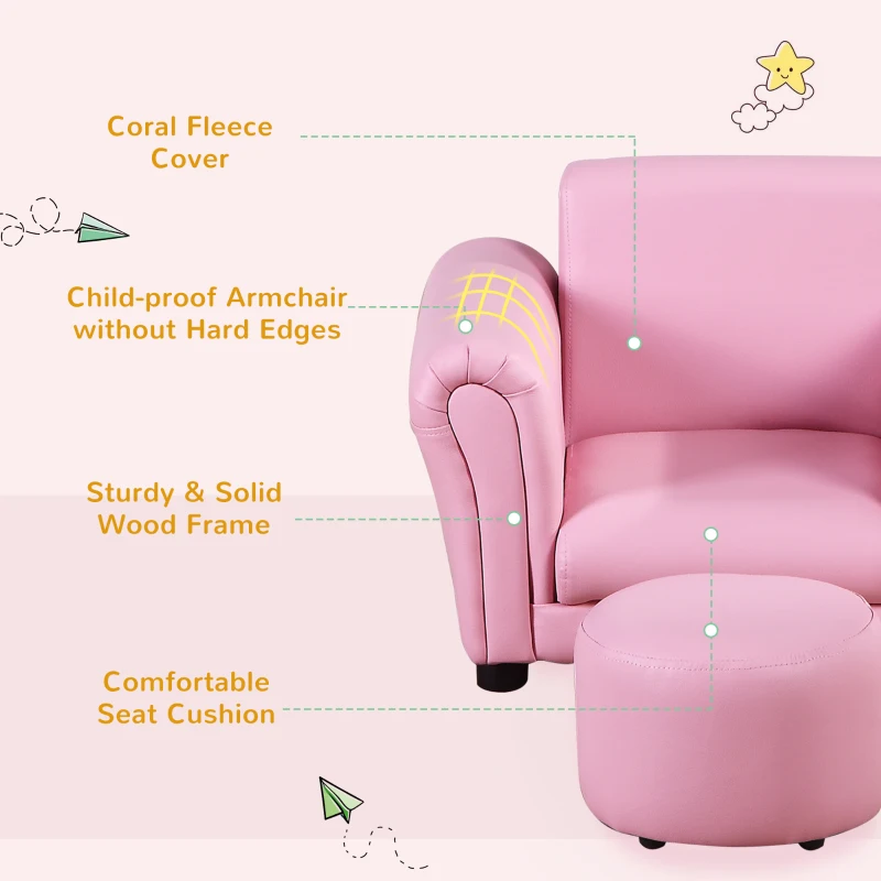 HOMCOM Toddlercouch, Kids Sofa, W/Footstool, PVC, Wood Frame, Pink