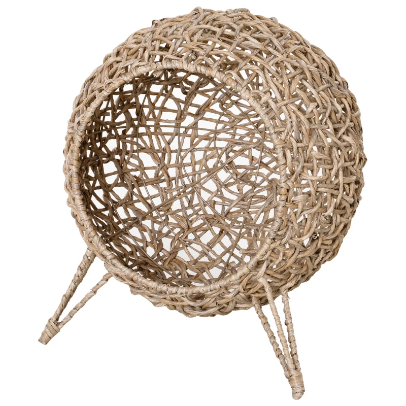 Pawhut Woven Rattan Wicker Elevated Cat Bed House Kitten Pussy Basket Ball Shaped Pet Furniture w/ Removable Cushion Natural 52 x 52 x 58 cm
