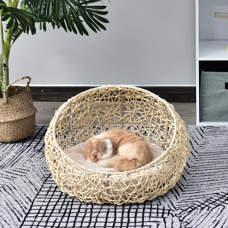 PawHut Hooded Rattan Wicker Cat House W/ Mat Kitten Pussy Basket Bed