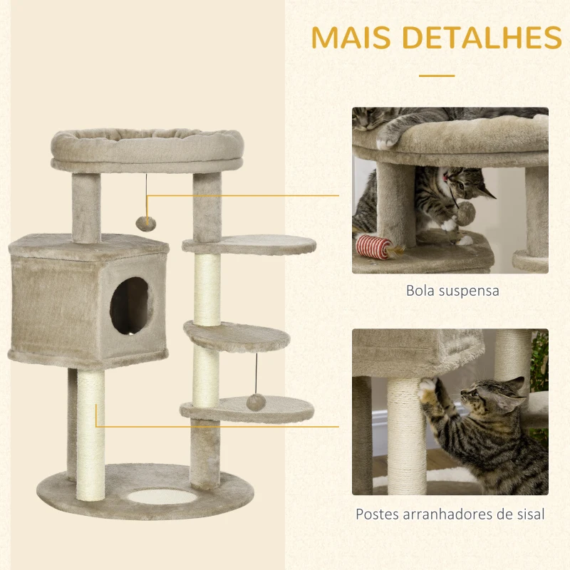 PawHut Árvore Arranhador para Gatos com Cama Caverna 3 Escadas Bolas Suspensas e Postes de Sisal 55x55x94cm Marrom e Creme