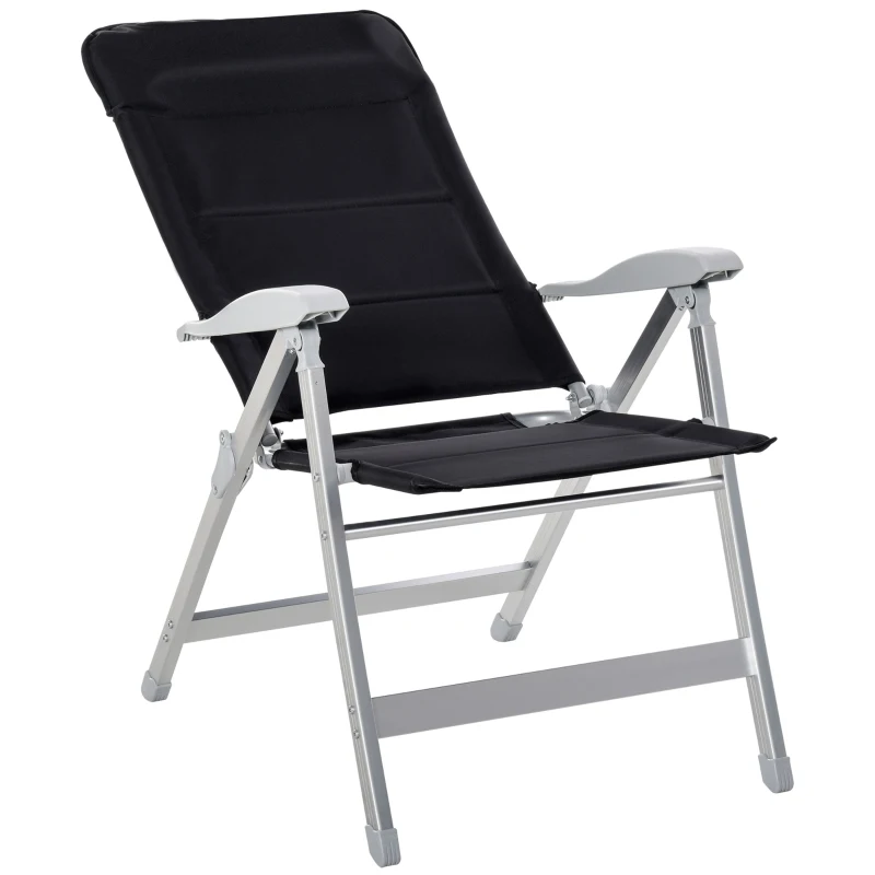 Outsunny Silla de Jardín Plegable Portátil de Aluminio con Respaldo Alto Ajustable en 7 Posiciones y Reposacabezas Acolchado para Exterior Terraza Camping 75x61,5x114,5 cm Negro