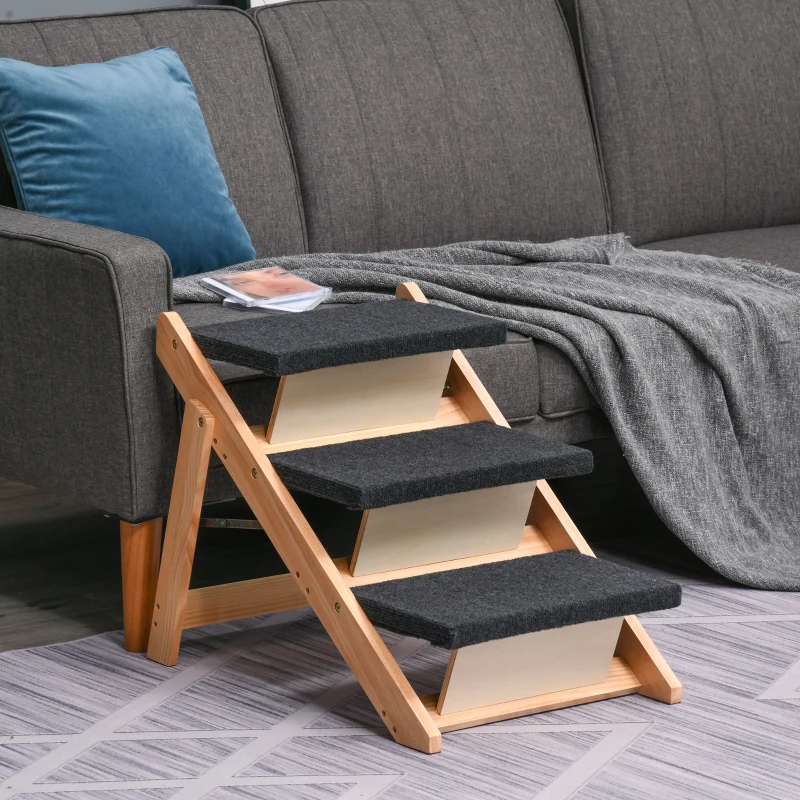 PawHut Dog Steps Pet Stairs 2 In 1 Convertible Dog Ramp Portable Foldable 3 Steps Cat Ladder for Bed Couch Car 60 x 47 x 50 cm