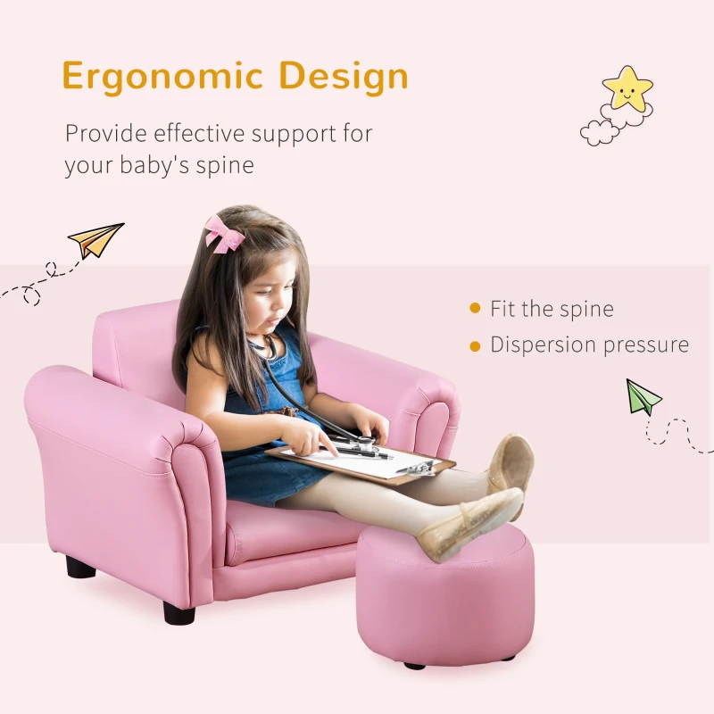 HOMCOM Toddlercouch, Kids Sofa, W/Footstool, PVC, Wood Frame, Pink