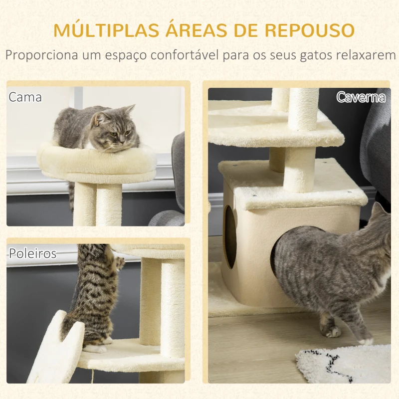 PawHut Árvore Arranhador para Gatos Torre para Gatos com Cama Caverna  Bola Suspensa Postes e Rampa de Sisal 60x30x83cm Bege