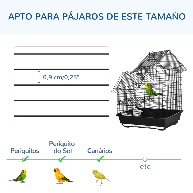 PawHut Gaiola para Pássaros 39x33x47cm com 3 Portas 2 Comedouros 2 Poleiros Baloiço Bandeja Amovível e Alça de Transporte Preto