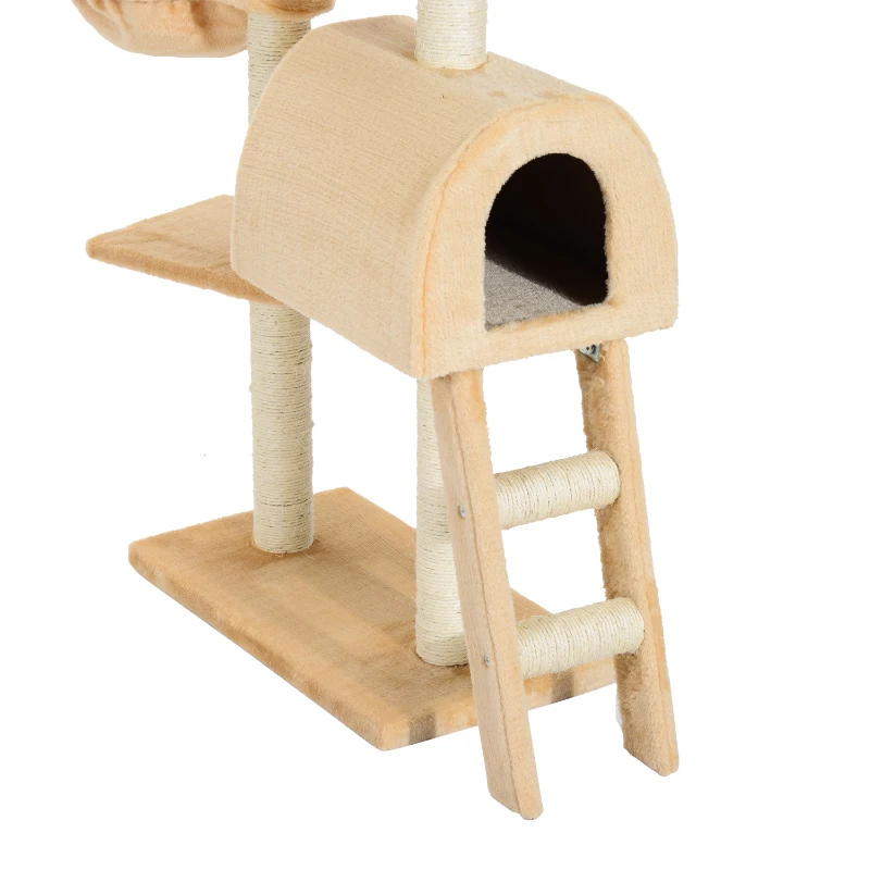 PawHut Árbol para Gatos Rascador 55x30x100 cm con Poste para Arañar Nido Cesta Hamaca Plataforma Caseta y Escalera de Terciopelo y Sisal Natural Beige